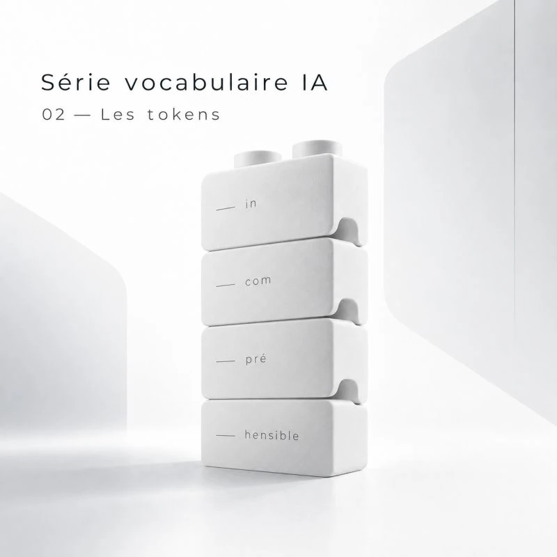 Visuel « Série vocabulaire IA, 02 — Les tokens » : quatre briques blanches empilées portent les fragments in, com, pré et hensible dans un décor clair.