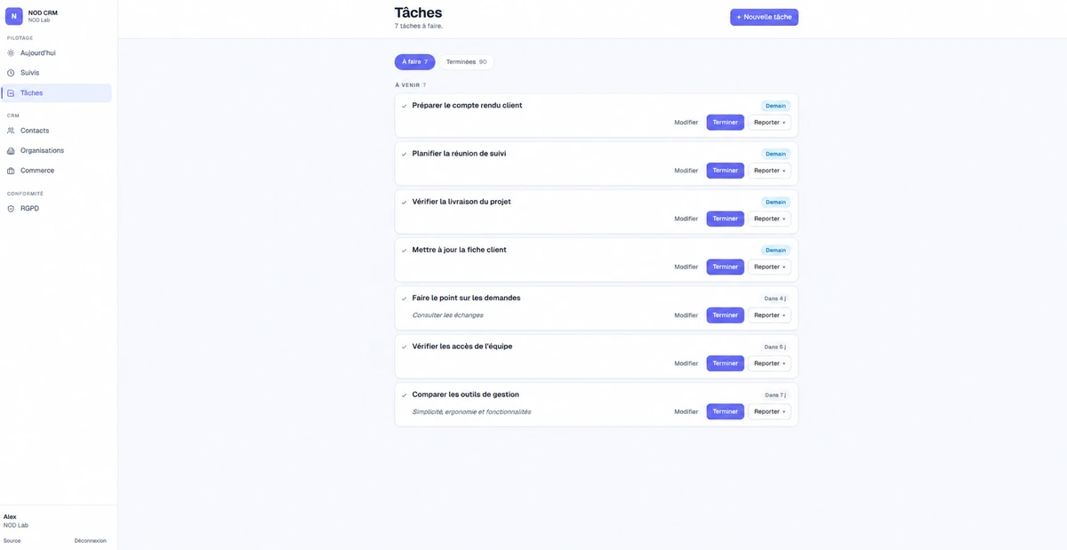 NOD CRM, vue Tâches : onglets À faire et Terminées, liste de sept tâches à venir avec échéance et actions Modifier, Terminer et Reporter